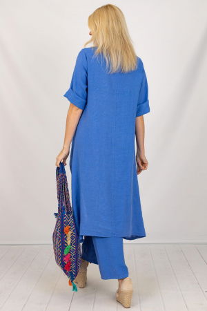 Compleu din in cu bluza tunica mai lunga in spate si pantaloni, albastru electric [5]