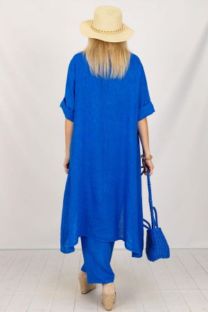 Compleu din in cu bluza tunica mai lunga in spate si pantaloni, albastru electric [2]