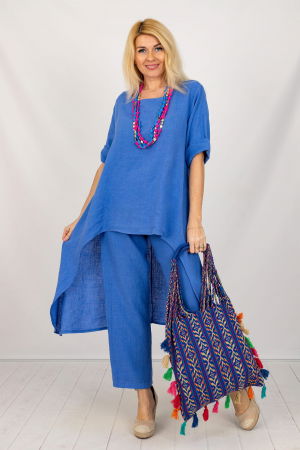 Compleu din in cu bluza tunica mai lunga in spate si pantaloni, albastru electric [3]