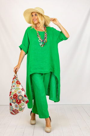Pantaloni din In - Compleu din in cu bluza tunica mai lunga in spate si pantaloni, verde deschis