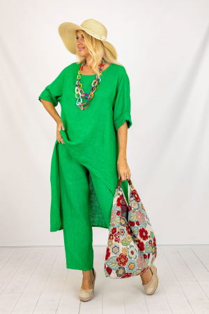 Compleu din in cu bluza tunica mai lunga in spate si pantaloni, verde deschis [1]