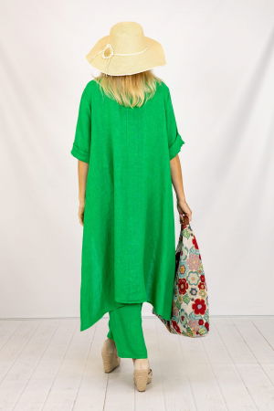 Compleu din in cu bluza tunica mai lunga in spate si pantaloni, verde deschis [2]