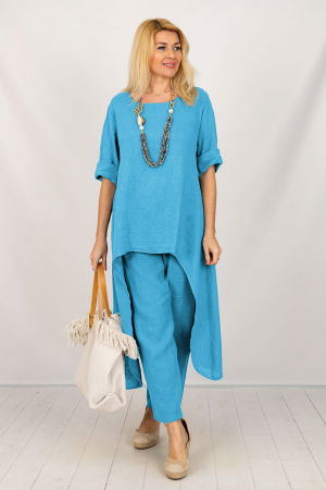 Pantaloni din In - Compleu din in cu bluza tunica mai lunga in spate si pantaloni, albastru azur