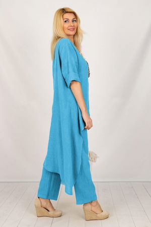 Compleu din in cu bluza tunica mai lunga in spate si pantaloni, albastru azur [2]