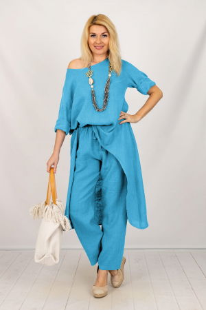 Compleu din in cu bluza tunica mai lunga in spate si pantaloni, albastru azur [1]