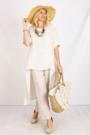 Pantaloni din In - Compleu din in cu bluza tunica mai lunga in spate si pantaloni, bej