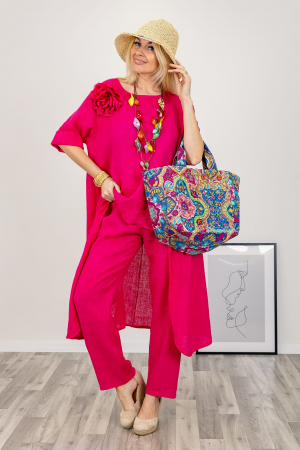 Compleu din in cu bluza tunica mai lunga in spate si pantaloni, fucsia [1]