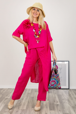 Compleu din in cu bluza tunica mai lunga in spate si pantaloni, fucsia [2]