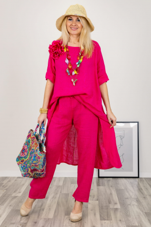 Pantaloni din In - Compleu din in cu bluza tunica mai lunga in spate si pantaloni, fucsia