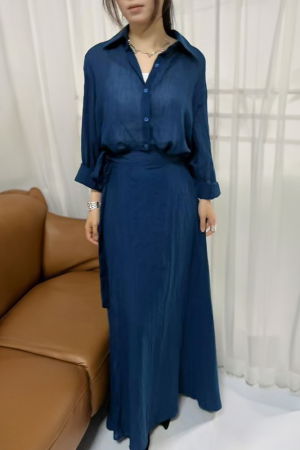 Compleu din vascoza si bumbac, creponate cu camasa si fusta petrecuta, turcoaz inchis [1]