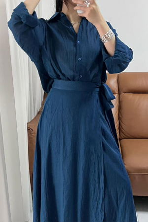 Pantaloni casual - Compleu din vascoza si bumbac, creponate cu camasa si fusta petrecuta, turcoaz inchis