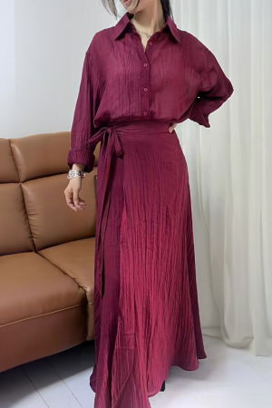 Pantaloni casual - Compleu din vascoza si bumbac, creponate cu camasa si fusta petrecuta, bordo