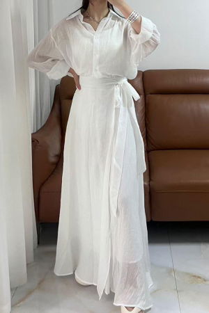 Pantaloni casual - Compleu din vascoza si bumbac, creponate cu camasa si fusta petrecuta, alb