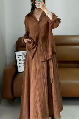 Pantaloni casual - Compleu din vascoza si bumbac, creponate cu camasa si fusta petrecuta, camel