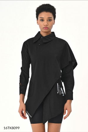 Bluze Casual - Camasa neagra in colturi asimetrice, petrecuta in fata
