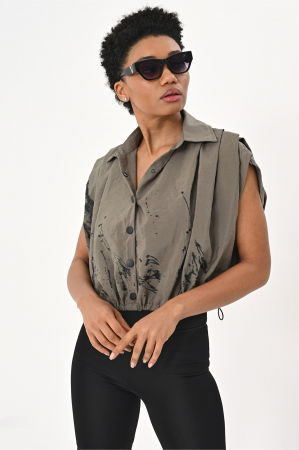 Compleu fusta asimetrica si bluza cu siret in talie, kaki cu dripping negru [1]