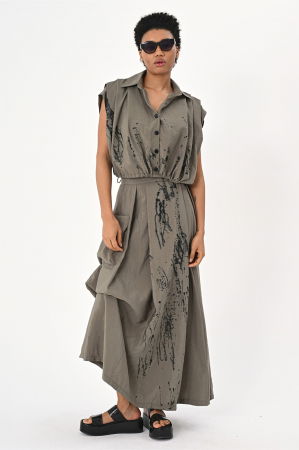 Bluze & Cămăși & Tricouri - Compleu fusta asimetrica si bluza cu siret in talie, kaki cu dripping negru