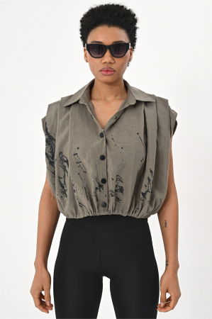 Compleu fusta asimetrica si bluza cu siret in talie, kaki cu dripping negru [2]