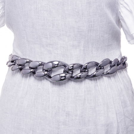 Curele & Centuri - Curea argintiu inchis model lant cu zale mari, flexibila cu lant de prelungire