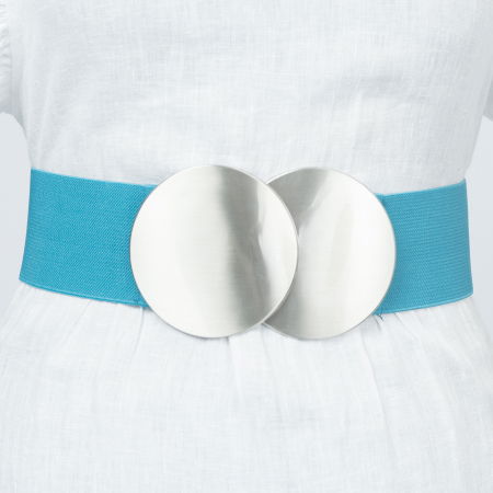 Curele & Centuri - Curea elastica turcoaz 6 cm latime cu doua cercuri argintii catarama