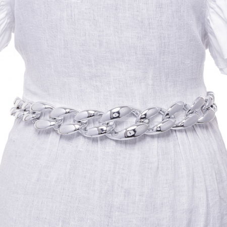 Curele & Centuri - Curea argintie model lant cu zale mari, flexibila cu lant de prelungire