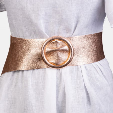 Curele & Centuri - Curea auriu sampanie din piele naturala cu latime de 7 cm, catarama rotunda imbracata in piele