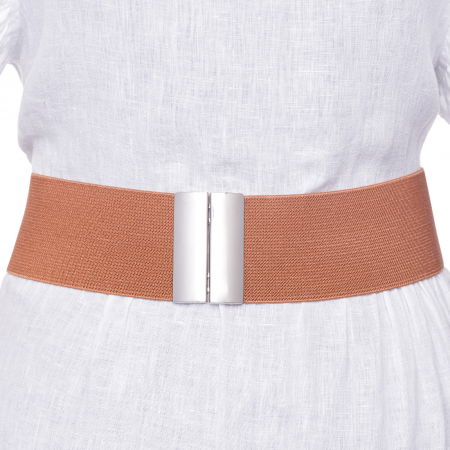 ACCESORII DAMĂ - Curea camel 6 cm latime din material elastic, cu catarama argintie