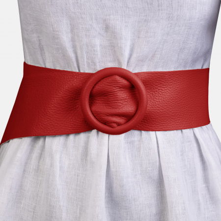 Curele & Centuri - Curea rosie din piele naturala cu latime de 7 cm, catarama rotunda imbracata in piele