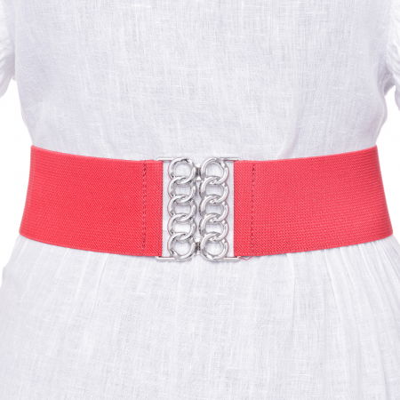 ACCESORII DAMĂ - Curea rosie de 6 cm, din material elastic cu catarama argintie in forma de opturi