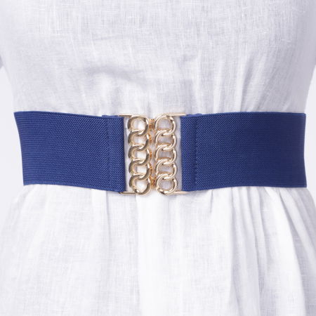 Curele & Centuri - Curea bleumarin de 6 cm, din material elastic cu catarama aurie in forma de opturi