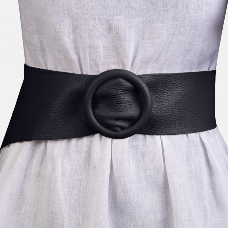 Curele & Centuri - Curea bleumarin inchis din piele naturala cu latime de 7 cm, catarama rotunda imbracata in piele