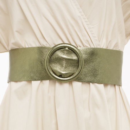 Curele & Centuri - Curea verde metalizat din piele naturala cu latime de 7 cm, catarama rotunda imbracata in piele