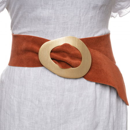 Curele & Centuri - Curea coniac din piele intoarsa naturala cu latime de 8 cm, catarama aurie neregulata