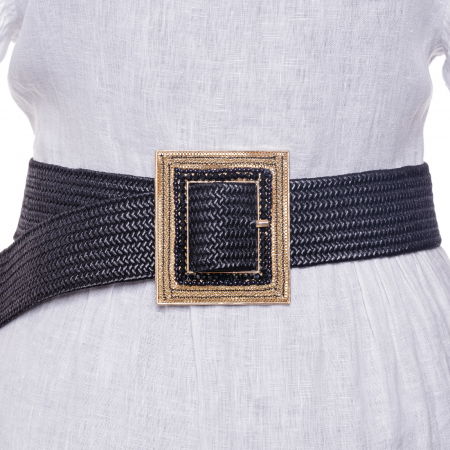 ACCESORII DAMĂ - Curea din impletitura elastica neagra cu catarama metalica aurie decorata cu strasuri