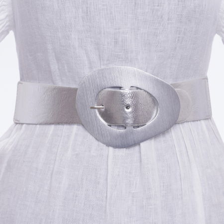 Curele & Centuri - Curea din piele ecologica argintie cu catarama neregulata argintie si elastic cu lurex la spate