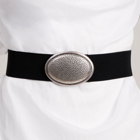 Curele & Centuri - Curea neagra elastica cu catarama tip pafta, ovala texturata argintie