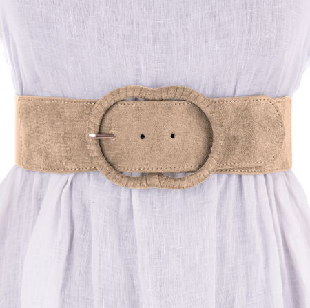 Curele & Centuri - Curea din piele intoarsa ecologica cu catarama imbracata si elastic la spate, bej