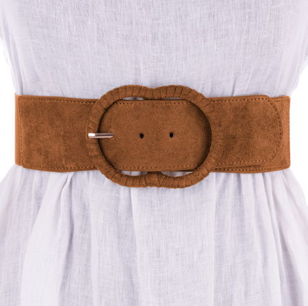 Curele & Centuri - Curea din piele intoarsa ecologica cu catarama imbracata si elastic la spate, camel