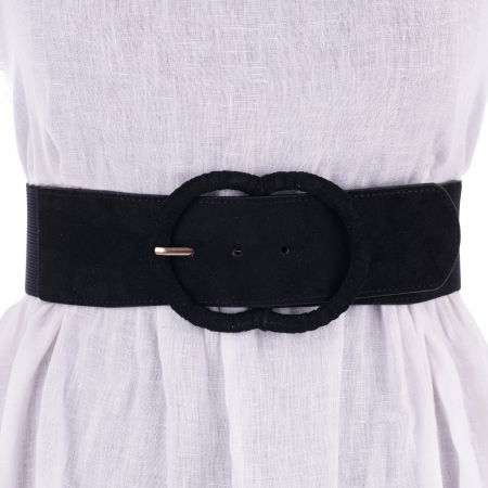 Curele & Centuri - Curea din piele intoarsa ecologica cu catarama imbracata si elastic la spate, neagra