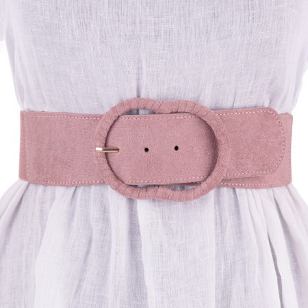 Curele & Centuri - Curea din piele intoarsa ecologica cu catarama imbracata si elastic la spate, roz prafuit