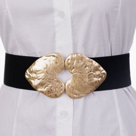 Curele Alternative - Curea elastica neagra de 6 cm latime cu dubla catarama aurie in forma de inima