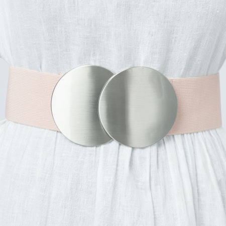 ACCESORII DAMĂ - Curea elastica roz prafuit 6 cm latime cu catarama doua cercuri argintii