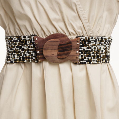 Curele & Centuri - Curea elastica cu margelute din sticla alba, neagra si aurie, catarama din lemn natural