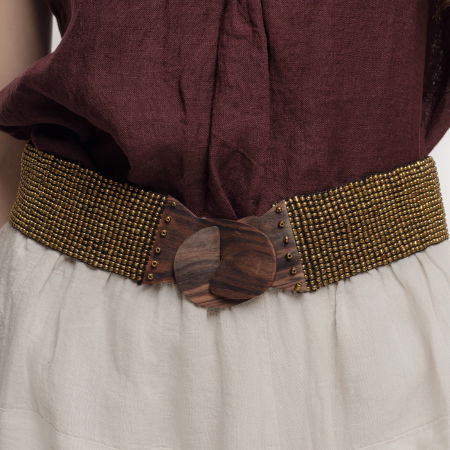 Curea elastica cu margelute din sticla auriu metalizat, catarama din lemn natural [1]