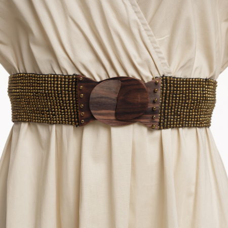 Curea elastica cu margelute din sticla auriu metalizat, catarama din lemn natural [0]