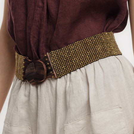 Curea elastica cu margelute din sticla auriu metalizat, catarama din lemn natural [2]