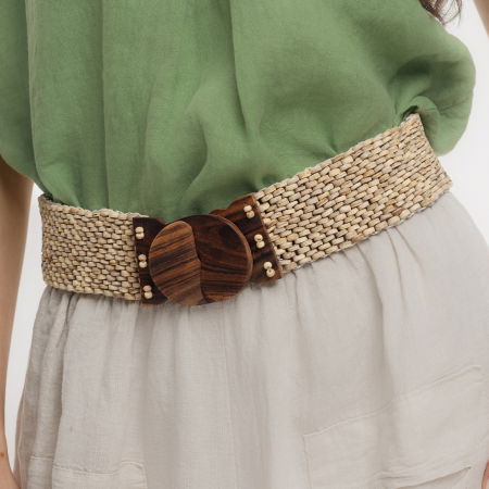 Curea elastica cu rondele din lemn natur, catarama din lemn natural [1]