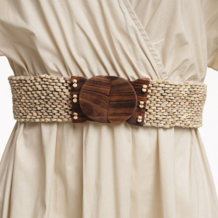 Curea elastica cu rondele din lemn natur, catarama din lemn natural [0]