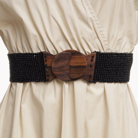 Curele & Centuri - Curea elastica cu margelute din sticla negru, catarama din lemn natural