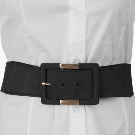 Curele din Piele Ecologica - Curea elastica cu piele ecologica neagra si catarama dreptunghiulara cu decoratiune aurie